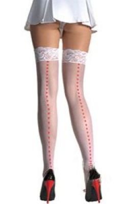 Sheer Thigh High Stockings with Printed Hearts Back Seam and Lace Top